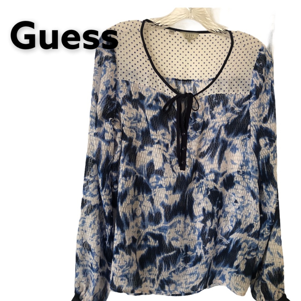 Guess Long Sleeve  Boho Blue Watercolor Pullover Blouse S